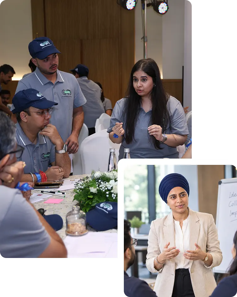 Corporate teams discussing an activity and a facilitator leading a workshop