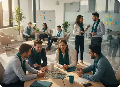 Teams working through a shared challenge in a workshop