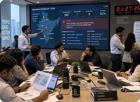 Team coordinating decisions around an operations dashboard