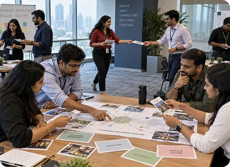 Participants collaborating around a table of ideas and plans